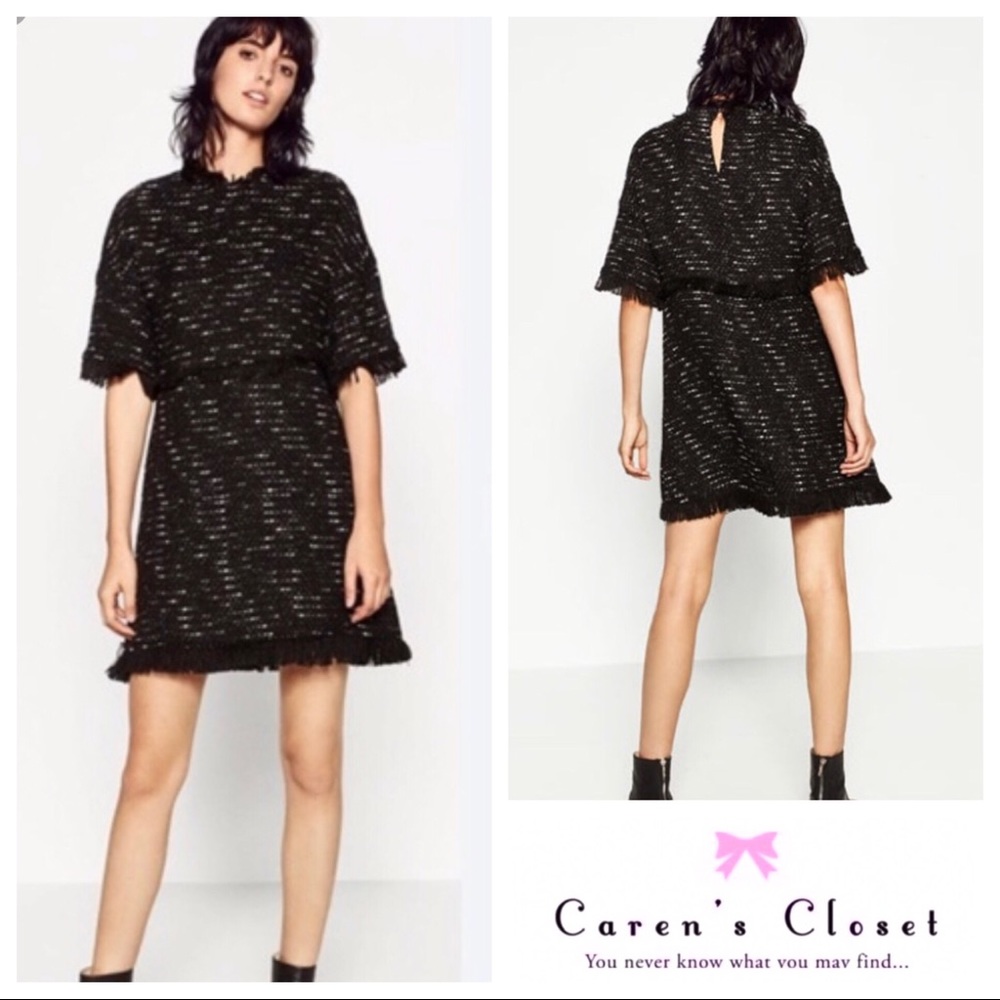 Zara Tweed Fringed Mini Shift Dress